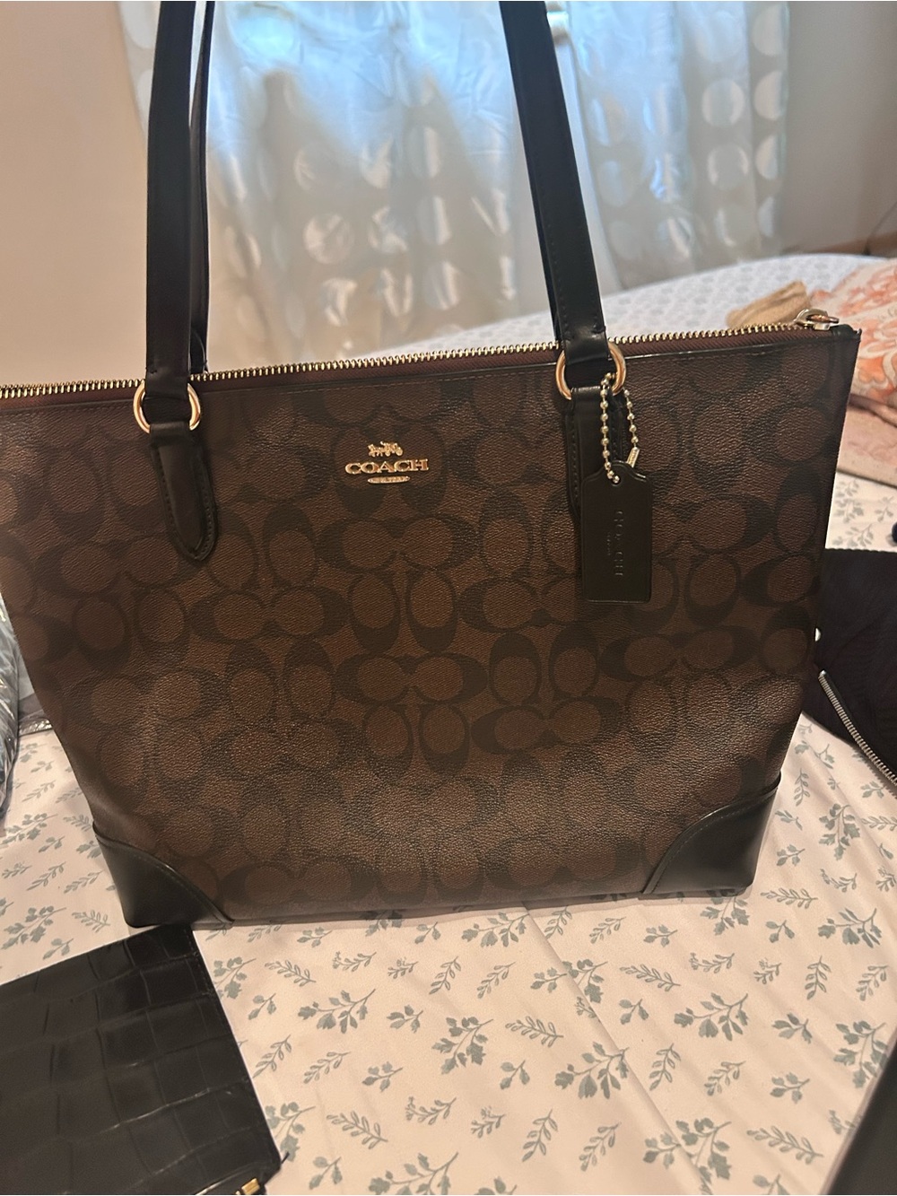 Coach Brown Signature Tote Bag with Leather Trim